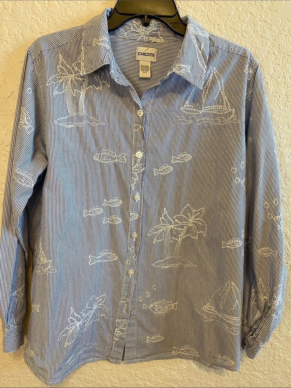 Chico's Women's Blue & White Striped Embroidered Nautical Shirt Size 2 or Large